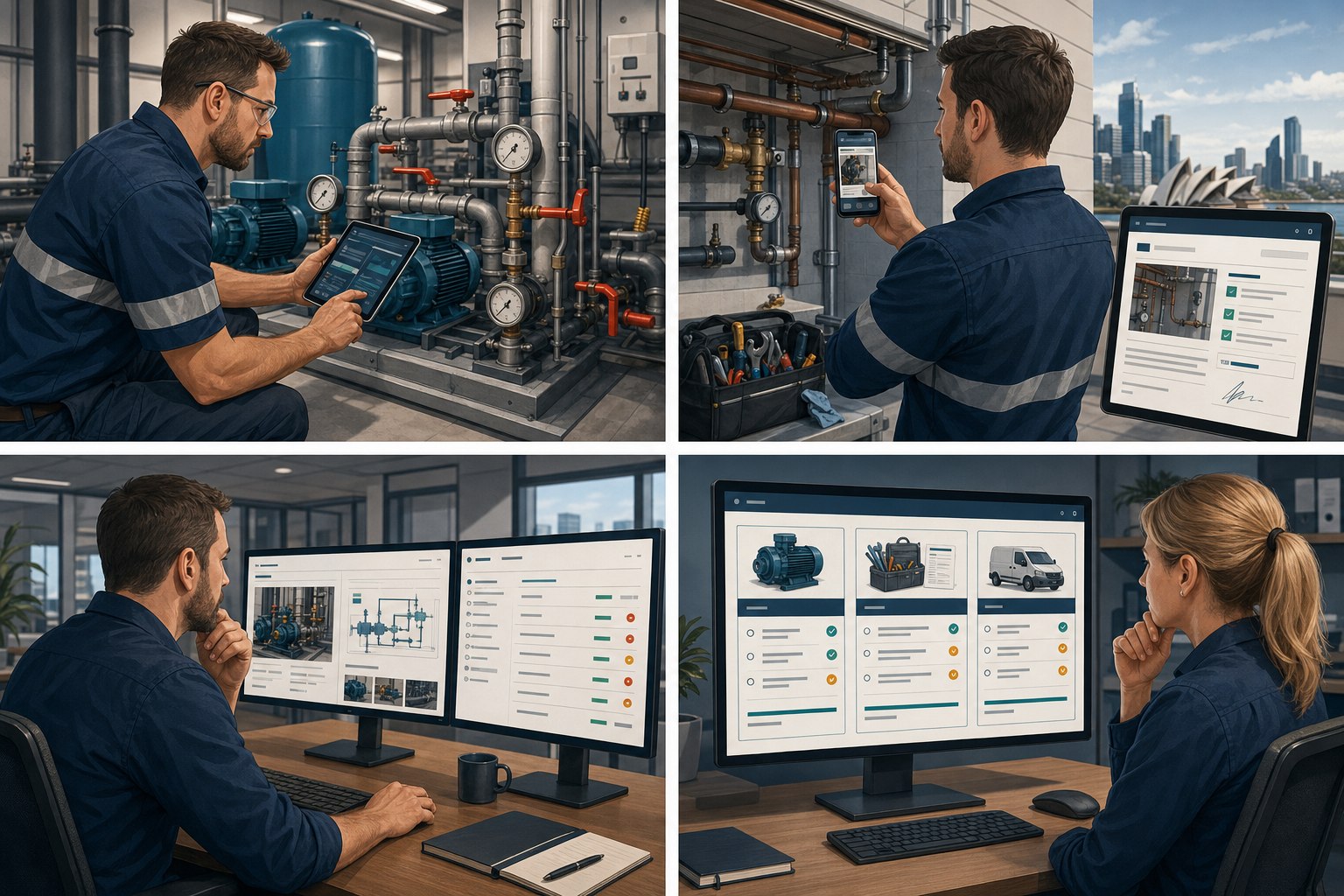 Plumber checking a commercial booster pump and pressure gauges with a PLUMBING HQ tablet assistant.